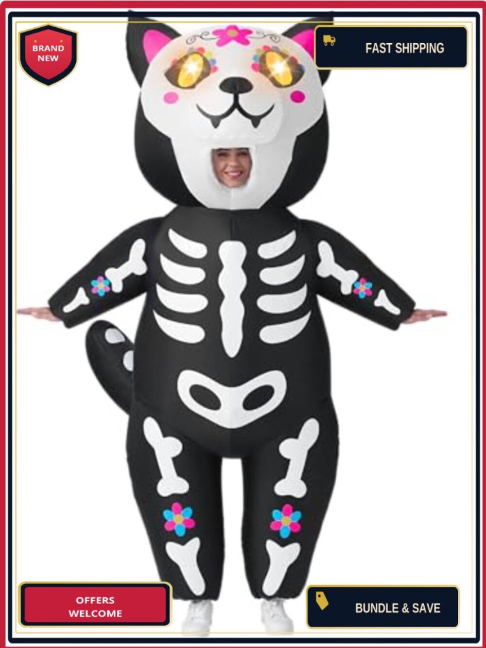 Spooktacular Creations Adult Inflatable Skeleton Cat Costume LED Eyes Full Body